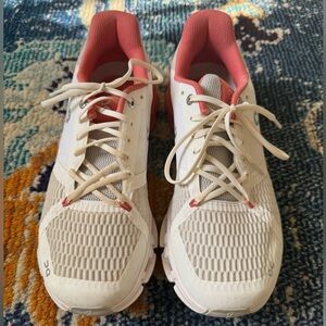 On Running Women's White and Coral Cloudflyer Running Shoes - Size 9